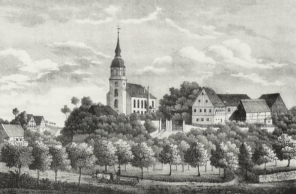 Röhrsdorf (Klipphausen). - Gesamtansicht mit Bartholomäuskirche. - Sachsens Kirch-Galerie. - "Kirche zu Röhrsdorf".