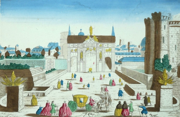 Paris. - Bastille. - Guckkastenblatt. - "Vue perspective de la Porte St. Antoine et de la Bastille".