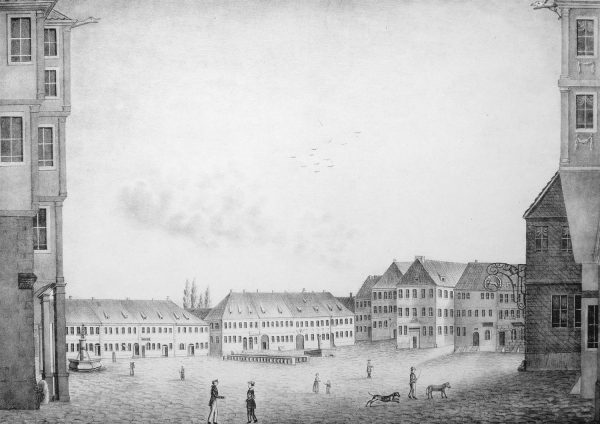Schleusingen. - Thüringer Wald. - "Der Hauptmarkt in Schleusingen, von der Nordseite. Königlich Preussische Kreisstadt der Grafschaft Henneberg 1830".