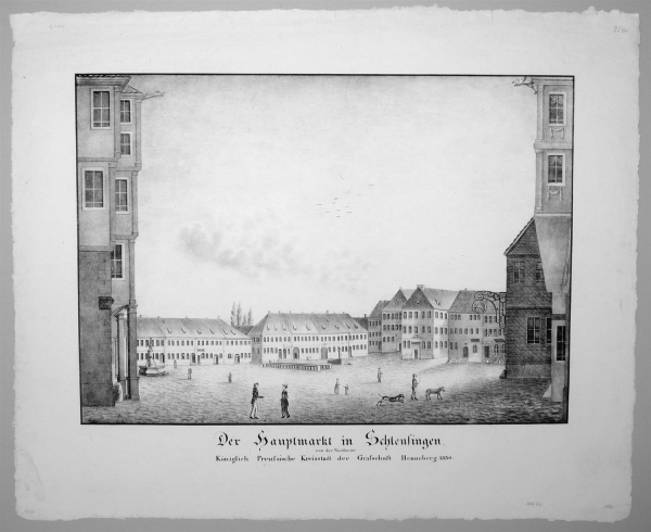 Schleusingen. - Thüringer Wald. - Der Hauptmarkt in Schleusingen, von der Nordseite. Königlich Preussische Kreisstadt der Grafschaft Henneberg 1830.