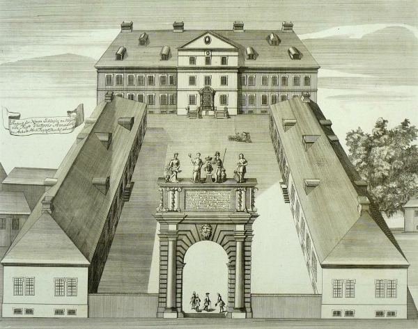 Hoym. - Schloss. - Vogelschau. - Prospect des Neuen Schlosses zu Hoym von Fürst Victoris Amadei zu Anhalt Hoch Fürstl. Durchl. erbauet.