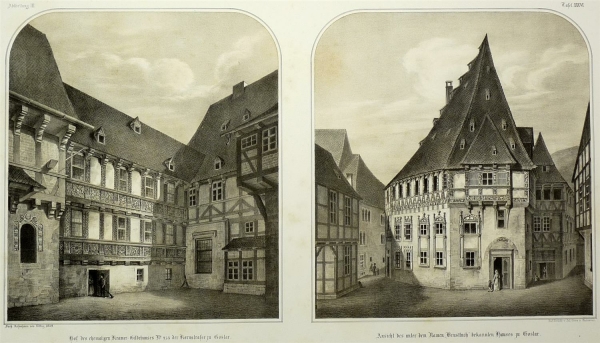 Goslar. - Detailansichten. - Hof des ehemaligen Kramer-Gildehauses No. 978 der Kornstrasse zu Goslar / Ansicht des unter dem Namen Brusttuch bekannten Hauses zu Goslar.