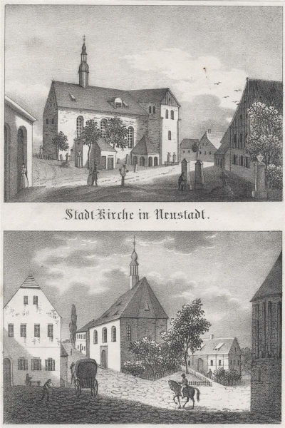 Neustadt in Sachsen. - Doppelansichtsblatt. - Sachsens Kirchen-Galerie. - Stadt-Kirche in Neustadt / Hospital in Neustadt.