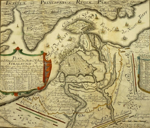 Stralsund. - Stadt- u. Befestigungsplan mit Umgebung und Einzeichnungen von Truppenstellungen 1715. - "Plan Und Situation von der Statt u. Vestung Stralsund".