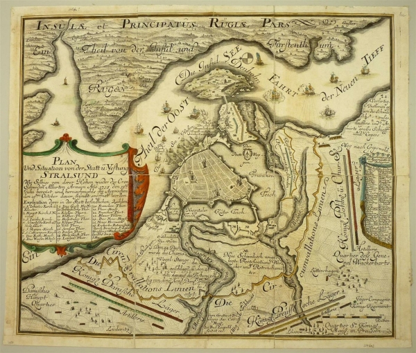 Stralsund. - Stadt- u. Befestigungsplan mit Umgebung und Einzeichnungen von Truppenstellungen 1715. - Plan Und Situation von der Statt u. Vestung Stralsund.