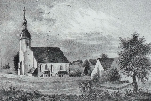 Goldbach (Bischofswerda). - Teilansicht mit Pfarrkirche. - Sachsens Kirchen-Galerie. - Goldbach.