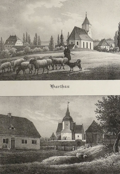 Harthau / Blochwitz (Großharthau). - 2 Ansichten mit Pfarrkirchen. - Sachsens Kirchen-Galerie. - "Harthau / Blochwitz".