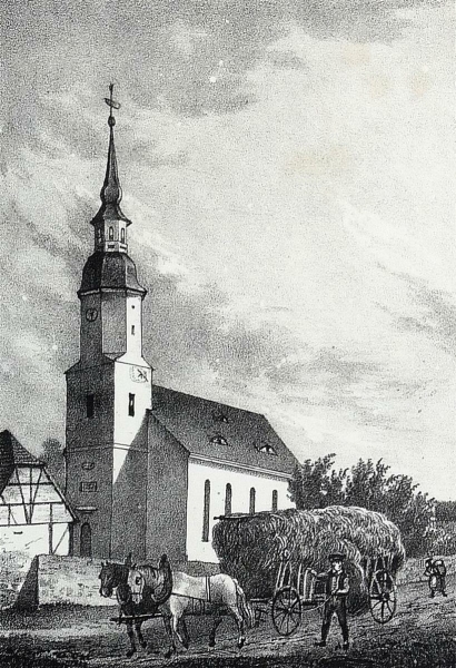 Jacobsthal (Zeithain). - Teilansicht mit Pfarrkirche. -...