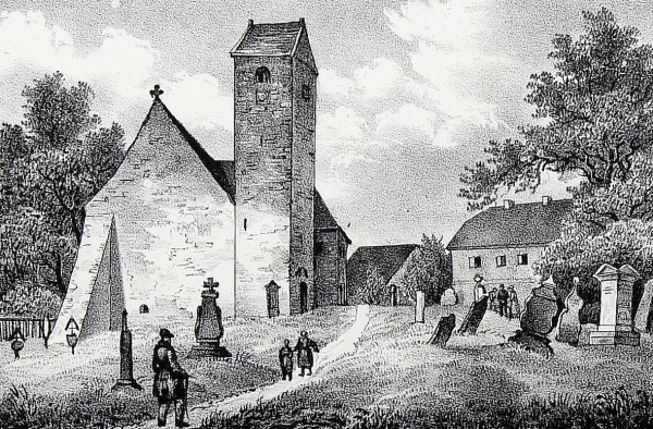 Naunhof (Ebersbach). - Teilansicht mit Pfarrkirche und Friedhof. - Sachsens Kirchen-Galerie. - "Naunhof".