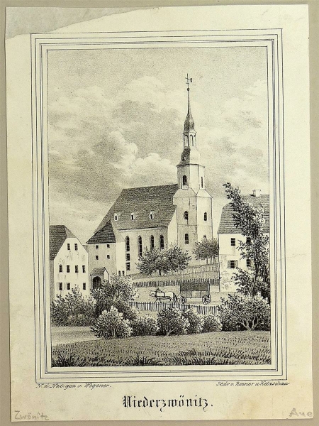 Niederzwönitz (Zwönitz). - Teilansicht mit Pfarrkirche. - Sachsens Kirchen-Galerie. - Niederzwönitz.