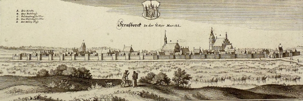 Strasburg (Uckermark). - Gesamtansicht. - Merian. - "Strasborck In der Ücker Marckt".