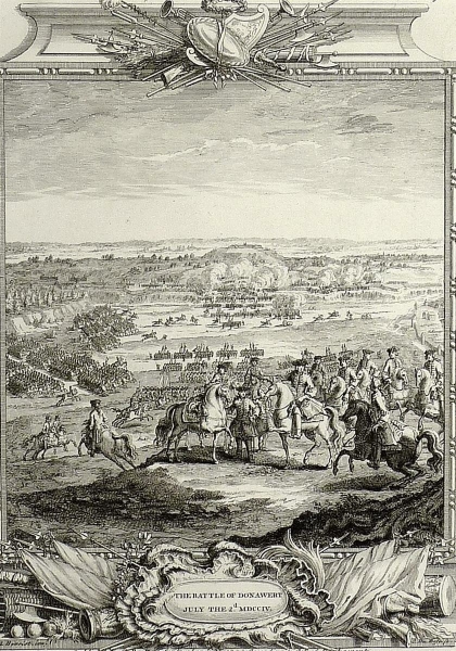 Donauwörth. - Ansicht der Schlacht am Schellenberg. - "The Battle of Donawert July the 2.d MDCCIV".