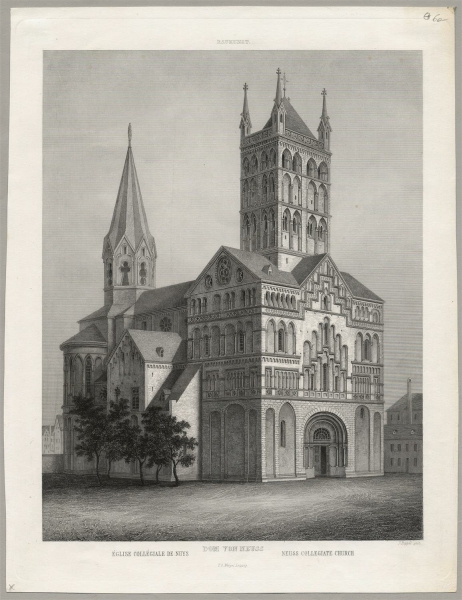 Neuss. - Ansicht des Quirinius-Münsters. - "Domm von Neuss / Église collégiale de Nuys / Neuss Collegiate Church".