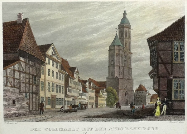 Braunschweig. - Teilansicht. - Der Wollmarkt mit der Andreaskirche zu Braunschweig bei der Brücke der Neustadtmühle aus gesehen.
