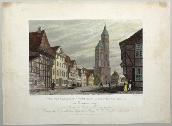 Braunschweig. - Teilansicht. - Der Wollmarkt mit der Andreaskirche zu Braunschweig bei der Brücke der Neustadtmühle aus gesehen.