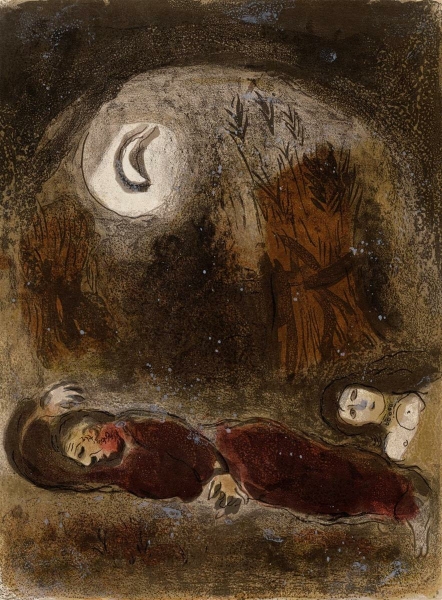 Chagall, Marc. - Bibelzyklus. - "Ruth zu Füssen des Boas".