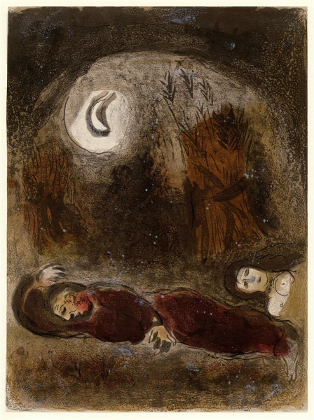 Chagall, Marc. - Bibelzyklus. - Ruth zu Füssen des Boas.
