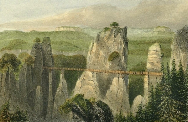 Rathen. - Ansicht der Felsenburg und der Basteibrücke. - "Neurathen".