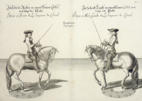 Duke of Newcastle, William Cavendish. - Reitschule. - "Im Schritt Rechts in einem kleinen Cirkul von Länge des Pferds".