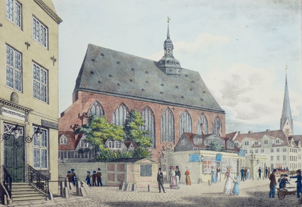 Hamburg. - St. Johannis Kirche. - Die St. Johannis Kirche in Hamburg von der grossen Johannis Strasse gesehen 1829.