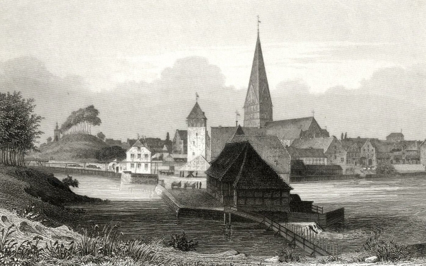 Lüneburg. - Ansicht mit Fluss Ilmenau und Kirche St. Nicolai. - "Lüneburg vom Walle zwischen der Stammersbrücke und dem Altenbrücker Thor".