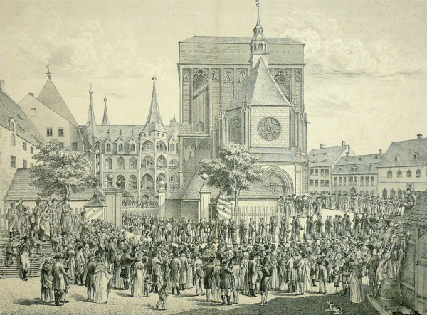 Meißen. - Domansicht. - "Festzug in den Dom zur Feier des hundertjährigen Stiftungstages der Königl. Porzellan Manufaktur am 6. Juni 1810".