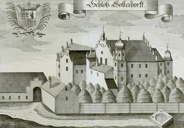 Göttersdorf (Osterhofen). - Ansicht des Schlosses Göttersdorf. - Wening. - "Schloß Gotterdorff".