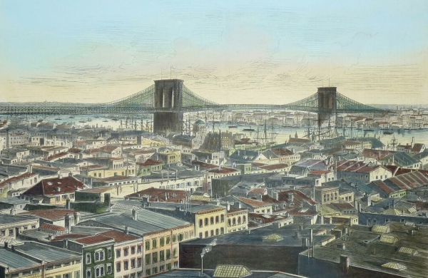 New York. - Gesamtansicht. - Brooklyn-Bridge. - Die am 24. Mai dem Verkehr übergebene Kettenbrücke über den East-River zwischen Neuyork und Brooklyn.