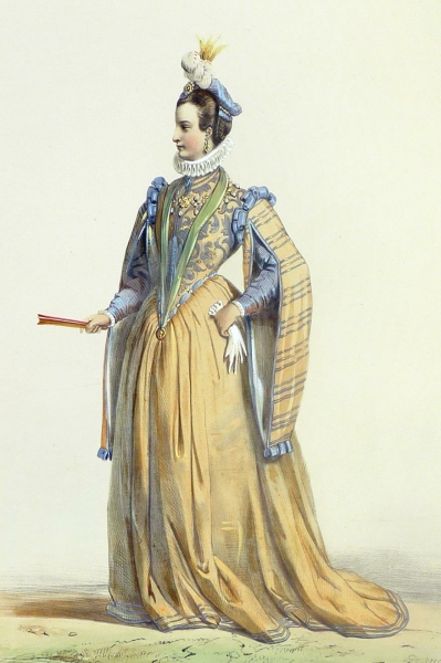 Mode & Kostüm. - Kostümkunde. - Achille Devéria. - "Dame française du temps de Henri III".