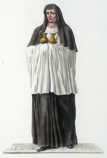 Mode & Kostüm. - Kostümkunde. - Jacques Charles Bar. - "Oblate de lÉcole de St. Ambroise, à Milan, avec loffrande du Vin, Figure 4".