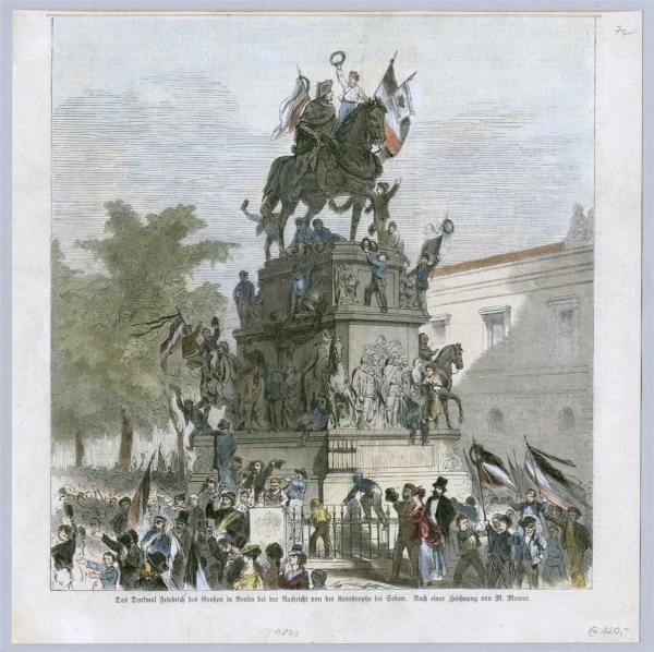 Berlin. - Ansicht. - Das Denkmal Friedrich des Großen in Berlin bei der Nachricht von der Katastrophe bei Sedan.