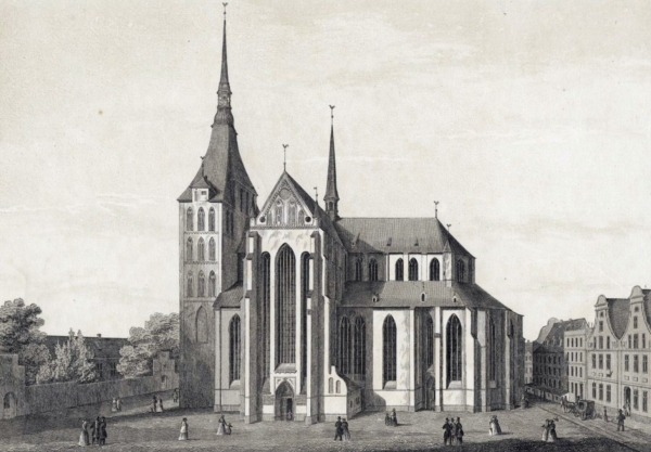 Rostock. - Teilansicht. - Die St. Marien-Kirche zu Rostock. (Von der Südseite).