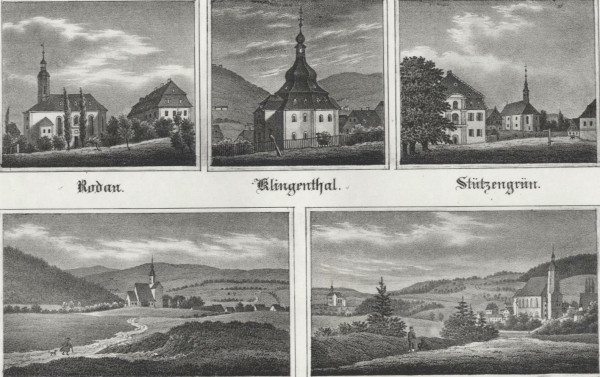 Klingenthal, Stützengrün, Kürbitz u.a.. - Mehransichtenblatt. - Sachsens Kirchen-Galerie. - "Rodau / Klingenthal /Stützengrün / Strassberg / Kürbitz".