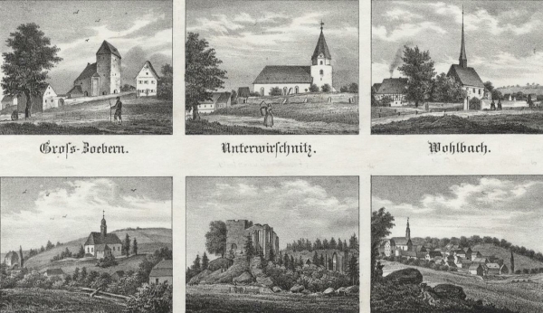 Bösenbrunn, Weischlitz, Wohlbach. - Mehransichtenblatt. - Sachsens Kirchen-Galerie. - "Gross-Zoebern / Unterwirschnitz / Wohlbach / Bösenbrunn / Die Kirchruinen Burgstein / Krebes".