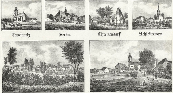 Heideland, Serba, Schleifreisen, Walpernhain. - Mehransichtenblatt. - Sachsens Kirchen-Galerie. - "Caschwitz / Serba / Thiemendorf / Schleifreisen / Walpernhain / Etzdorf".