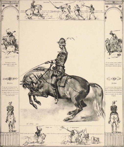 Pferde und Jagd. - Mehransichtenblatt. - Equitation Napolitaine 1583.