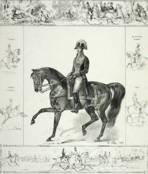 Pferde und Jagd. - Mehransichtenblatt. - Équitation Française 1830.