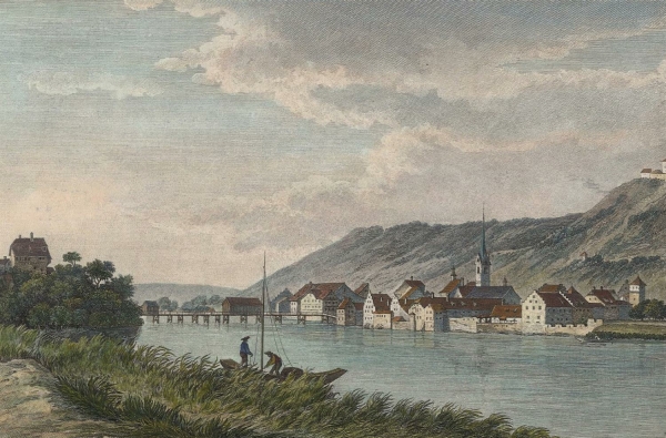 Stein am Rhein. - Gesamtansicht. - "Vue de la ville de Stein, sur le Rhin, audessous du Lac inferieur de Constance, dans le Canton de Zurich".
