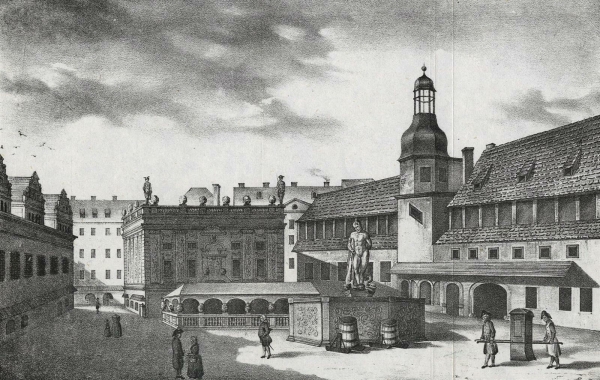 Leipzig. - Naschmarkt. - "Der Naschmarkt mit der Börse im 18ten Jahrhundert".