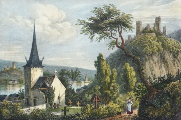 Oberlahnstein (Lahnstein). - Schloss Stolzenfels. - Burg Lahneck. - "Vue de Stolzenfels, Lahneck et Oberlanstein. Prise du Village Capellen".