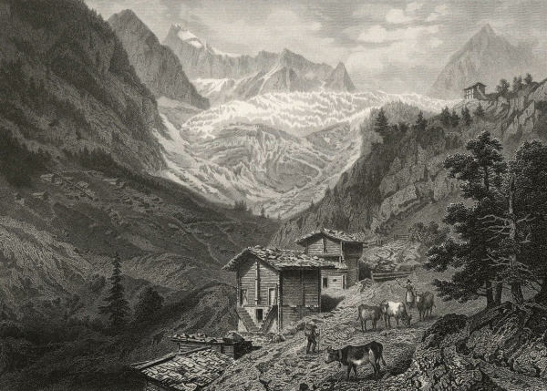 Fieschertal. - Gesamtansicht. - "Das Vieschthal und der Viescher Gletscher / Vallée et Glacier de Viesch".