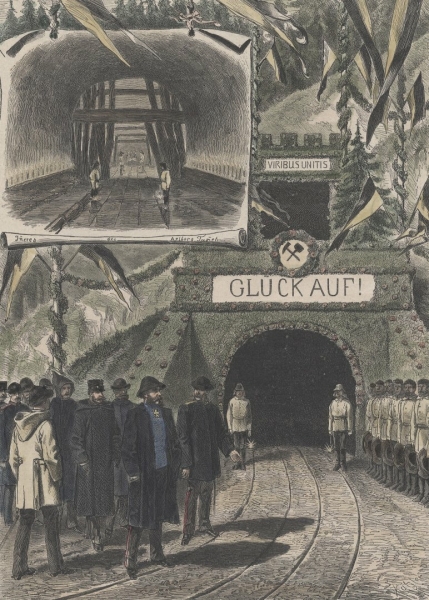 Österreich. - Mehransichtenblatt. - Arlbergtunnel. - "Die Reise des Kaiser von Österreich: Der Kaiser besichtigt den Arlbergtunnel".