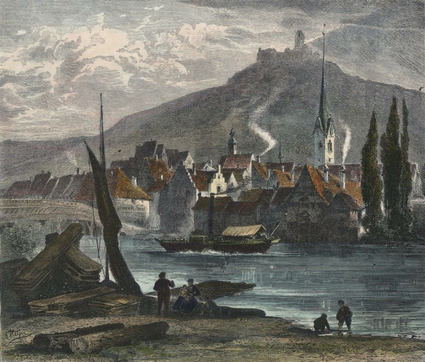 Stein am Rhein. - Ansicht mit Kloster und Burg. - "Stein on the Rhine".