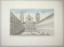 Madrid. - Guckkastenblatt. - El Escorial. - "Vue Perspective de la premier cour du Monastere Royale de lEscurial en Espagne".