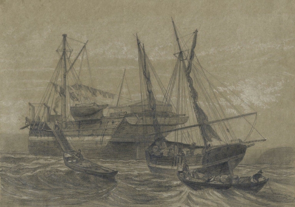 Zeichner des 19. Jahrhunderts. - Beladung des Segelschiffes.
