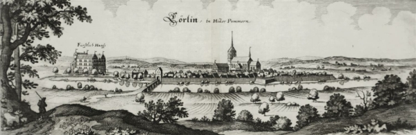 Körlin / Karlino. - Vogelschau. - Matthäus Merian. - "Cörlin in Hider Pommern"