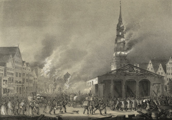 Hamburg. - Großer Brand von 1842. - "Der Hopfenmarkt und die Nicolaikirche in Flammen".
