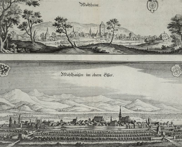 Holzheim - Mülhausen / Holtzheim - Mulhouse. - Vogelschau. - Merian. - "Holtzheim. Mühlhausen im obern Elsas"