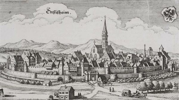 Ensisheim / Anze. - Vogelschau. - Matthäus Merian. - "Enszisheim"