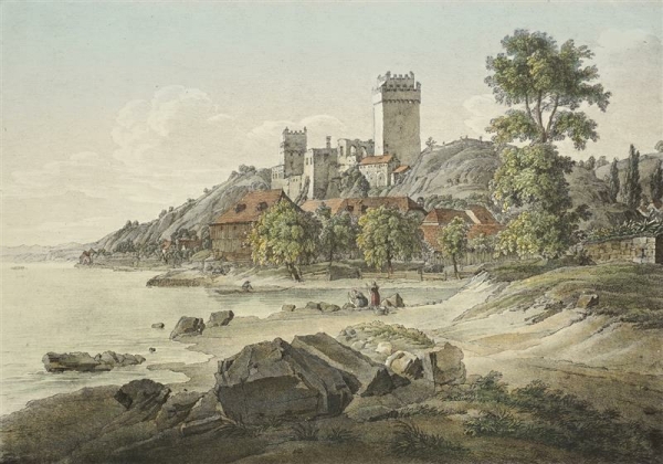 Weideneck. - Gesamtansicht mit Schlossruine. - Kunikes Donau-Ansichten. - "Nieder Oesterreich. Ruine des Schlosses Weideneck".